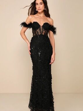 Lulus Midnight Sparkle Black Embroidered Feather Bustier Maxi Dress